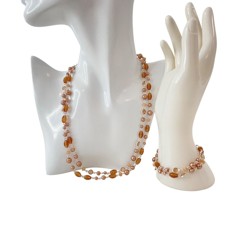 Napier Beaded Pearl & Amber Toned Layered Necklace & Bracelet Set early Vintage
